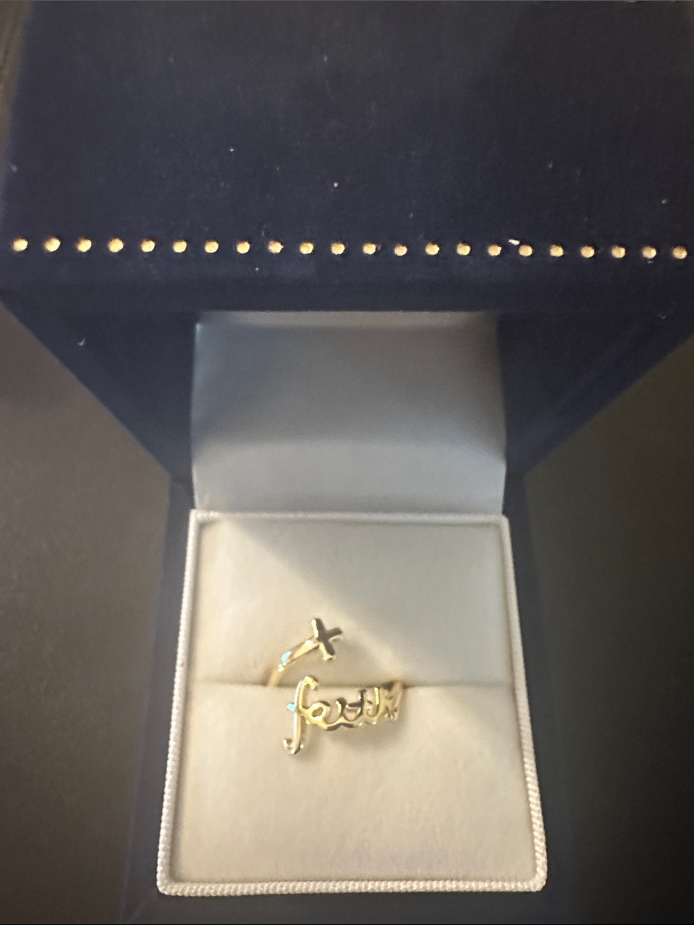 Gold Script 'Faith' Ring with Cross Accent - Women's Jewelry